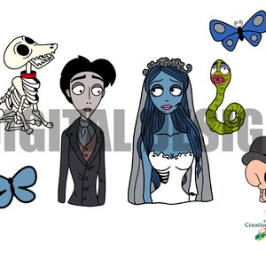 May include: A set of cartoon illustrations featuring characters from the movie "The Nightmare Before Christmas". The characters include Jack Skellington, Sally, Zero the dog, and Oogie Boogie. The illustrations are in black and white with some color accents.