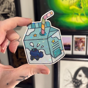Blueberry Milk Carton Holographic Waterproof Sticker Kawaii