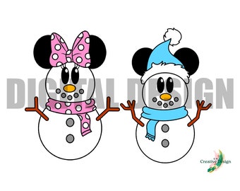 May include: Two snowmen with Mickey Mouse ears wearing winter accessories. The snowman on the left has a pink polka dot scarf and bow. The snowman on the right has a blue scarf and hat.