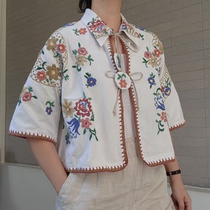 Upcycled, Repurposed or Reworked vintage Table Cloth to Crop Tops, Blouse in Flowers Embroidery