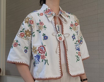 Upcycled, Repurposed or Reworked vintage Table Cloth to Crop Tops, Blouse in Flowers Embroidery