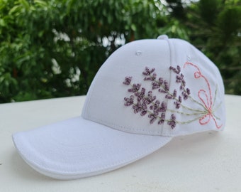 Cotton Baseball Cap, White Hand Embroidery Hat, Floral Embroidery Cap