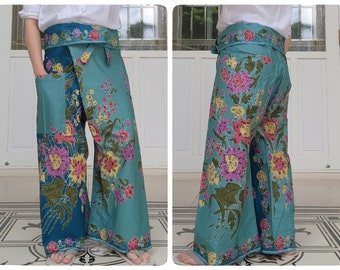 Pantalon de pêcheur thaïlandais en batik de coton imprimé, Pantalon portefeuille décontracté, Pantalon de plage, Vêtements de détente, Pantalons de nuit, Pantalons de yoga, Pantalons unisexe