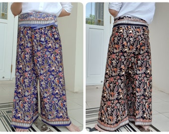 Thai Fisherman Long Pants in Cotton Batik Printed, Casual Wrap Pants, Lounge-wear, Night Pants, Yoga Pants, Unisex Pants, Beach Pants