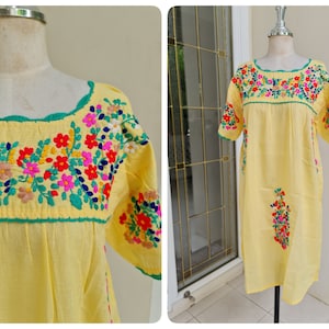 Handmade, Embroidered Mexican Oaxacan Inspired Cotton Sundress in Yellow, Bohemian Sundress, Beach Wear, Swim Cover Up