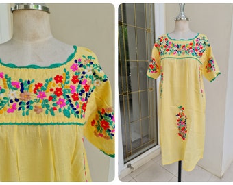 Handmade, Embroidered Mexican Oaxacan Inspired Cotton Sundress in Yellow, Bohemian Sundress, Beach Wear, Swim Cover Up