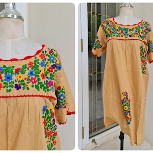 Hand Embroidery Mexican Inspired Dress, Short Sleeves Sundress in Dark Beige, Cotton Beach Wear, Swim Cover Up, Bridesmaid Wedding dress