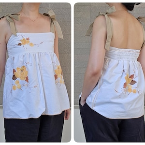 Upcycled, Repurposed or Reworked vintage Table Cloth to Summer Tops, Blouse in Flowers Embroidery