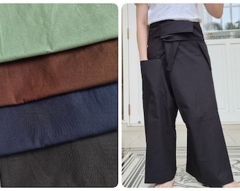 Pantalon pêcheur thaïlandais en popeline de coton, Pantalon portefeuille décontracté, Vêtements de détente, Pantalons de nuit, Pantalons de yoga et de méditation, Pantalons de plage