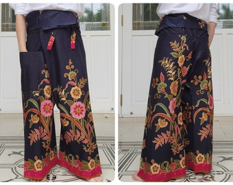 Thailändische Fischerhose in Baumwolle Batik Bedruckt mit Seitentasche, lässige Wickelhose, Lounge-Wear, Nachthose, Strandhose