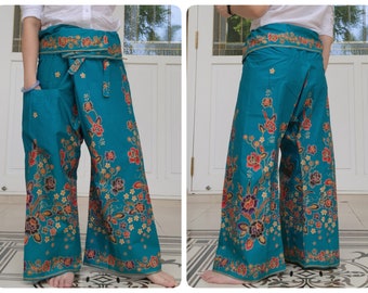 Pantalon de pêcheur thaïlandais en batik de coton imprimé avec poche latérale, pantalon portefeuille décontracté, tenue de détente, pantalon de nuit, pantalon de plage