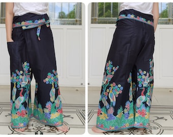 Thailändische Fischerhose in Baumwolle Batik Bedruckt mit Seitentasche, lässige Wickelhose, Lounge-Wear, Nachthose, Strandhose