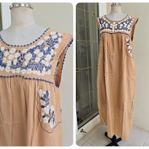 Hand Embroidered and Crochet Trim Mexican Oaxacan Inspired Cotton Maxi Sundress, Bohemian Sundress, Beach Wear, Bridesmaid Dress