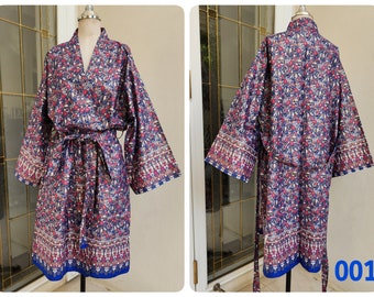 Blue Cotton Sarong Fabric Kimono Robe, Bath Robe, Night Gown, Loungewear Robe, Spa Robe