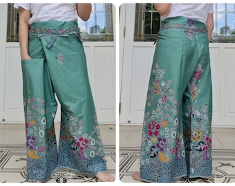 Thai Fisherman Pants in Cotton Batik Printed in Green with Side Pocket, Casual Wrap Pants, Lounge-wear, Night Pants, Beach Pants
