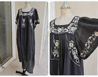 Hand Embroidered and Crochet Trim Mexican Oaxacan Inspired Cotton Sundress, Bohemian Sundress, Beach Wear, Bridesmaid Dress