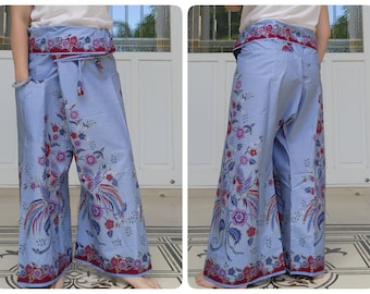 Thailändische Fischerhose in Baumwolle Batik Bedruckt mit Seitentasche, lässige Wickelhose, Lounge-Wear, Nachthose, Strandhose