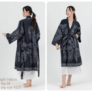 Black Cotton Sarong Fabric Kimono Robe, Bath Robe, Night Gown, Loungewear Robe, Spa Robe