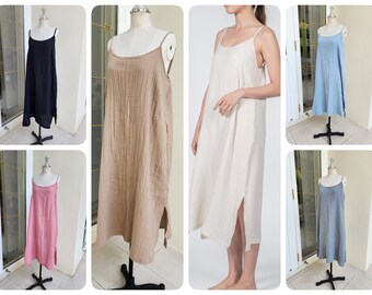 Double Cotton Gauze Slip Dress, Midi Cotton Slip Dress with Side Split, Night Gown in Light Cotton, Summer Dress