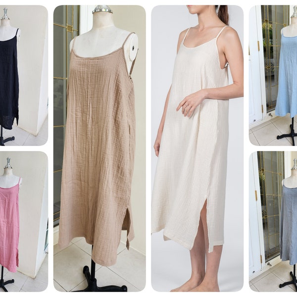 Double Cotton Gauze Slip Dress, Midi Cotton Slip Dress with Side Split, Night Gown in Light Cotton, Summer Dress