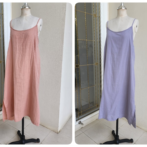 Double Cotton Gauze Slip Dress, Midi Cotton Slip Dress with Side Split, Night Gown in Light Cotton, Summer Dress