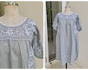Hand Embroidery Mexican Inspired Dress in Gray, Bohemian Dress, Bridesmaid Beach Dress, Swim Cover Up, Summer Dress