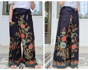 Thailändische Fischerhose in Baumwolle Batik Bedruckt in Schwarz mit Seitentasche, lässige Wickelhose, Lounge-Wear, Nachthose, Strandhose