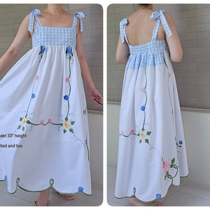 Upcycled, Repurposed or Reworked vintage Tablecloth Dress,  Summer Flowers Embroidery Dress
