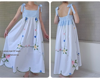 Upcycled, Repurposed or Reworked vintage Tablecloth Dress,  Summer Flowers Embroidery Dress