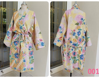 Pastel Cotton Sarong Fabric Kimono Robe, Bath Robe, Night Gown, Loungewear Robe, Spa Robe