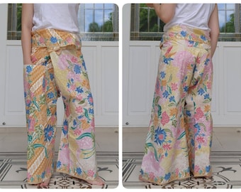 Thailändische Fischerhose in Baumwolle Batik Bedruckt mit Seitentasche, lässige Wickelhose, Lounge-Wear, Nachthose, Strandhose