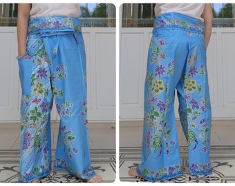 Thailändische Fischerhose in Baumwolle Batik Bedruckt mit Seitentasche, lässige Wickelhose, Lounge-Wear, Nachthose, Strandhose