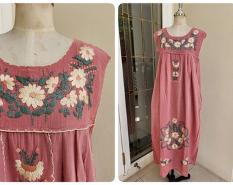 Handmade, Embroidered Mexican Oaxacan Inspired Cotton Sundress in Pink,  Bohemian Sundress, Beach Wear, Swim Cover Up