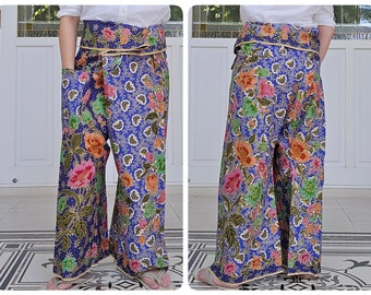 Thai Fisherman Pants in Cotton Batik Printed, Casual Wrap Pants, Beach Pants, Lounge-wear, Night Pants, Yoga Pants, Unisex Pants