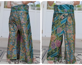 Thai Fisherman Pants in Cotton Batik Printed in Dark Teal, Casual Wrap Pants, Lounge-wear, Night Pants, Yoga Pants, Unisex Pants