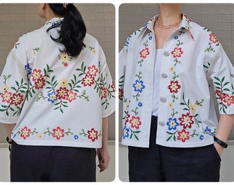 Upcycled, Repurposed or Reworked vintage Table Cloth to Crop Tops, Blouse in Flowers Embroidery