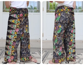 Thai Fisherman Pants in Cotton Batik Hand Printed and dyed in Black with Navy, Casual Wrap Pants, Lounge-wear, Beach Wear (No Pocket)