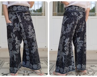 Thai Fisherman Pants in Cotton Batik Printed, Black Casual Wrap Pants, Beach Pants, Lounge-wear, Night Pants, Yoga Pants, Unisex Pants