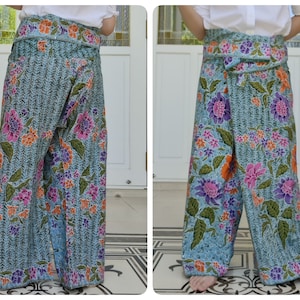 Thai Fisherman Pants in Cotton Batik Printed, Casual Wrap Pants in Green, Beach Pants, Lounge-wear, Night Pants, Yoga Pants, Unisex Pants