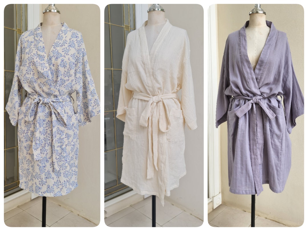 Double Gauze Cotton Kimono Robe, Bath Robe, Night Gown, Loungewear Robe
