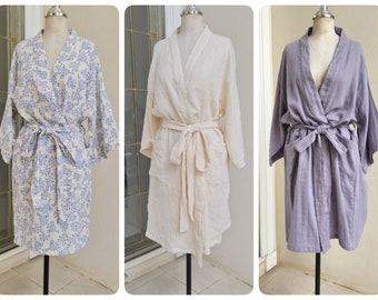 Double Gauze Cotton Kimono Robe, Bath Robe, Night Gown, Loungewear Robe, Spa Robe