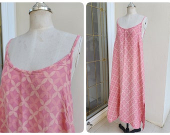 Pink Double Cotton Gauze Slip Dress, Cotton Slip Dress with Side Split, Long Night Gown in Light Cotton