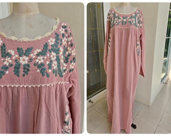 Plus Size, Hand Embroidery Mexican Oaxacan Dress Inspired Cotton Sundress in Pink, Bohemian Sundress, Beach Wear, Bridesmaid Dress