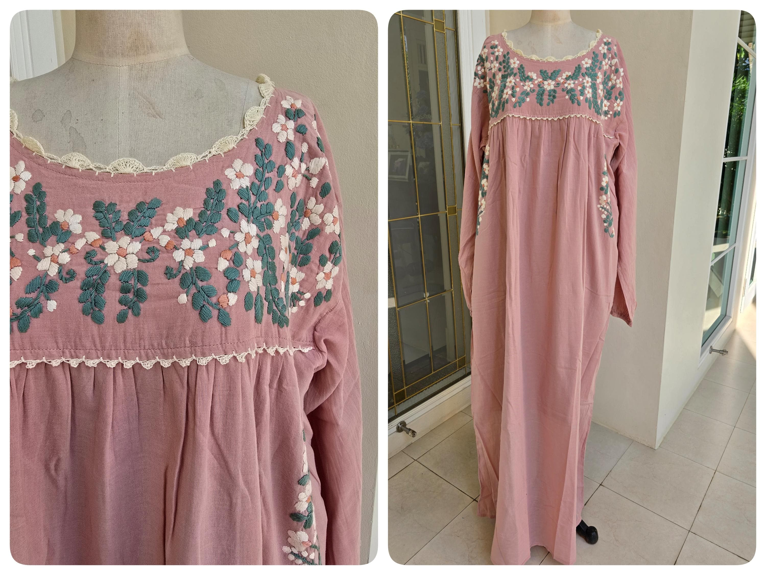 Plus Size, Hand Embroidery Mexican Oaxacan Dress Inspired Cotton