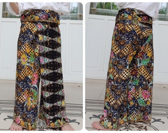 Thai Fisherman Pants in Cotton Batik Hand Printed and dyed in Back with Navy, Casual Wrap Pants, Lounge-wear, Night Pants, (No Pocket)
