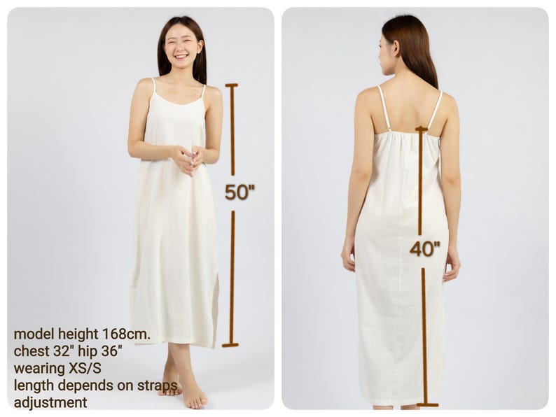 May include: White sleeveless maxi dress with adjustable straps. The dress is 50 inches long and 40 inches wide. The model is 5'6" tall and wearing a size XS/S.