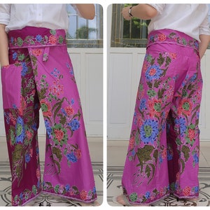 Thai Fisherman Pants in Cotton Batik Printed, Casual Wrap Pants in Coral, Beach Pants, Lounge-wear, Night Pants, Yoga Pants, Unisex Pants