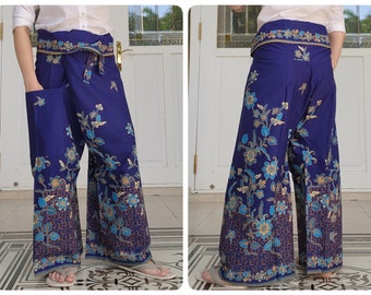 Thai Fisherman Pants in Cotton Batik Printed with Side Pocket, Casual Wrap Pants, Lounge-wear, Night Pants, Beach Pants