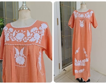 Hand Embroidered and Crochet Trim Mexican Inspired Cotton Sundress in orange, Bohemian Sundress, Beach Wear, Bridesmaid Wedding Dress