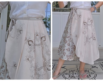 Upcycled, Repurposed or Reworked vintage Tablecloth Circle Wrap Skirt, Flowers Embroidery Wrap Skirt